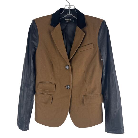 DKNY Donna Karan Wool Lamb Leather Blazer Jacket Brown Black Size 2 - Picture 1 of 6